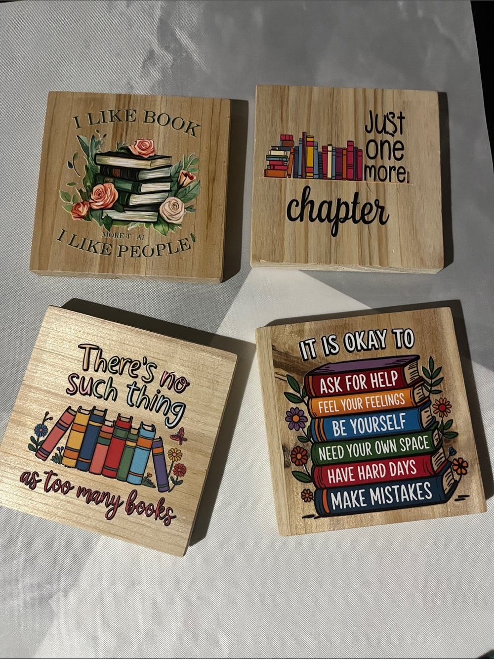 Set of 4 Wooden Book-Themed Coasters - Colorful Book Stack Designs